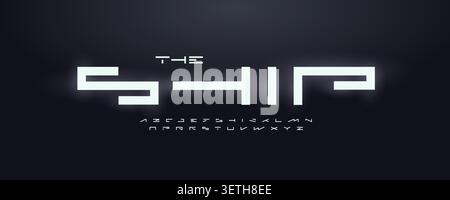 Wide geometric alphabet, minimal futuristic letters, bold rectangular font for sci-fi branding, rigid future logo, sturdy headline, tough typography Stock Vector