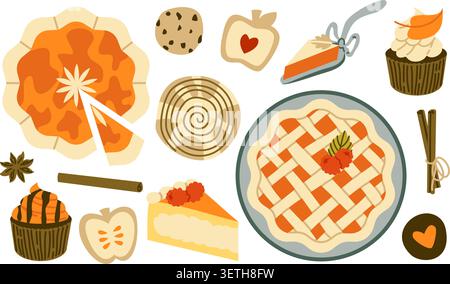 Autumn Baking Vector Set Flat Geometric Pumpkin Pie Cake Cupcake Collection Stock Vector