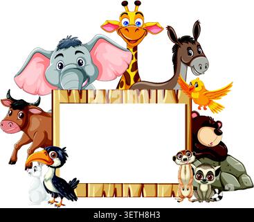 Colorful cartoon jungle animals arranged around a wooden blank sign, white background, vector style Stock Vector