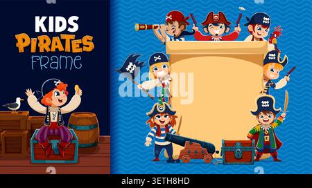 Kid pirates with old paper scroll parchment banner. Cartoon children corsair characters surround blank old manuscript on blue sea background with cannon, treasure chest and wooden barrels on ship deck Stock Vector