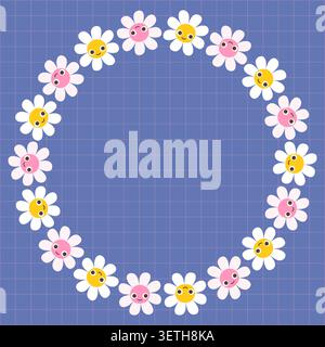 Cute vector floral wreath with fun flowers with faces, simple frame for kids and babies spring and summer designs Stock Vector
