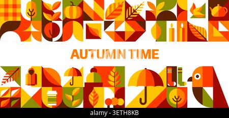 Autumn falling time seasonal banner with warm mosaic geometric color pattern background. Fall season geometric pattern or mosaic tile, pumpkin with harvest berries, oak and maple leaves with umbrella Stock Vector