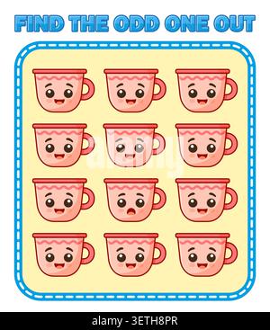 Find the odd one out educational worksheet with cute cartoon cups and different facial expression, printable visual puzzle game for preschool learning Stock Vector