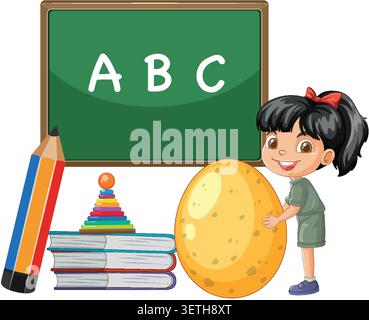 Flat vector illustration of student with books, pencil, and chalkboard on white background. Stock Vector