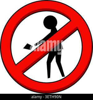 Black stick figure littering inside red prohibition circle, bold lines, flat vector illustration style Stock Vector