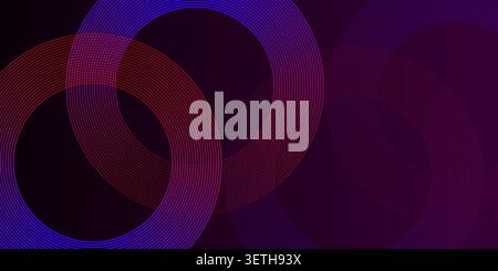 Concentric circles overlap on dark purple background, purple blue and red hues, modern abstract design, smooth lines, graphic element Stock Vector