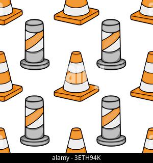 Seamless vector pattern of orange and white traffic cones, construction barriers, and safety cones with grey bases, isolated on white background. Stock Vector