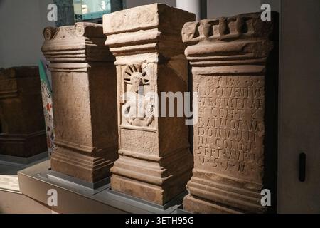 Ancient Roman stone altars with Latin inscriptions and carvings on display at the Great North Museum: Hancock in Newcastle. Stock Photo