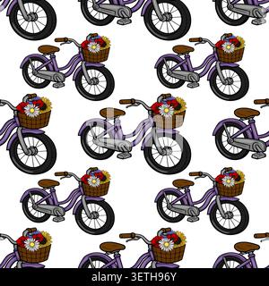Seamless vector pattern of purple bicycles with baskets full of colorful flowers, perfect for summer themes and whimsical designs. Stock Vector