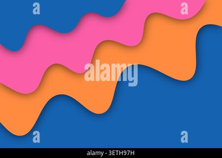 Dynamic paper cut-style waves create a vibrant abstract background. Smooth flowing lines in blue, pink, and orange layers with subtle shadows, graphic Stock Vector