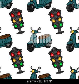 Seamless vector pattern of cute teal scooters and traffic lights with green, yellow, and red lights Stock Vector