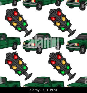 Green pickup truck and traffic light pattern vector illustration Stock Vector