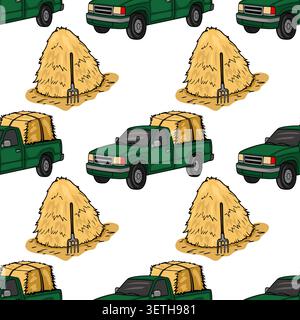 Seamless vector pattern of green pickup trucks transporting hay bales with pitchforks, farm harvest theme Stock Vector