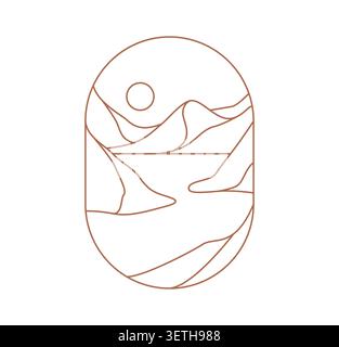 Desert mountains landscape boho icon. Aesthetic oval window frame with flowing sand dunes, mountain peaks and rising sun. Linear symbol for travel branding, wellness products and bohemian apparel Stock Vector