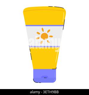 Doodle sunscreen tube icon vector illustration. Yellow sunblock hand drawn tube. Sun protection cosmetic isolated on white background. Stock Vector
