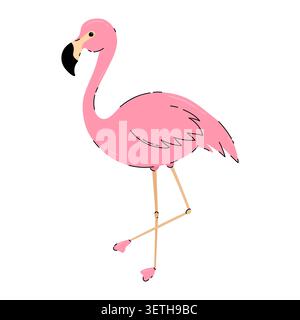 Pink flamingo vector illustration. Tropical bird isolated on white background. Exotic hand drawn bird. Doodle flat flamingo Stock Vector