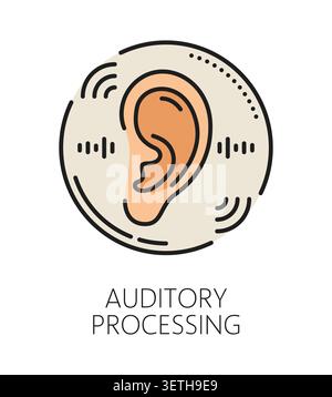 Kids auditory processing cognitive ability color line icon or label. Cognitive ability line vector icon, mental capability sign. Brain function improvement pictogram with human ear and sound waves Stock Vector