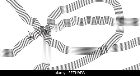 Monochrome design showing multiple parallel lines forming complex tracks and paths through white space resembling architectural planning subway maps o Stock Vector
