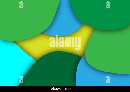 Abstract composition with overlapping circles in green, blue, and yellow. Soft shadows create depth, modern design, playful backdrop, vivid colors. Stock Vector