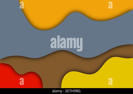 Eclectic abstract background with wavy, overlapping layers in a mix of grey, brown, yellow, and red, creating a dynamic and visually interesting lands Stock Vector