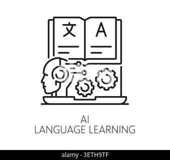 AI language learning icon showing human head with circuit brain, gears, laptop and open book with Chinese and Latin characters. Clean line art icon for machine translation and smart education apps Stock Vector