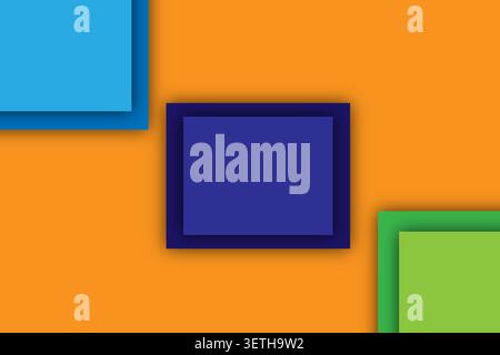 Abstract composition with overlapping blue and green squares against a warm orange background. Modern geometric design with shadow depth. Stock Vector