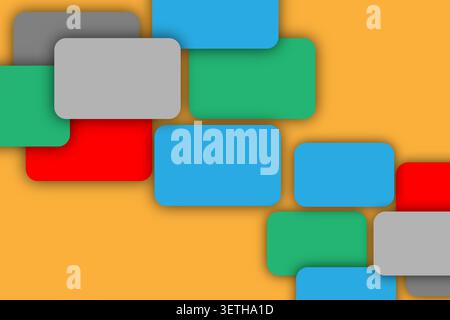 Vibrant blue green red and grey geometric shapes layered over bright orange surface for modern artistic wallpaper, creative overlapping elements suita Stock Vector