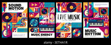 Music and sound party flyers and posters with with geometric mosaic pattern, retro instruments, vinyl records, microphones and keyboards, evoking rhythm, musical energy and live performance vibes Stock Vector
