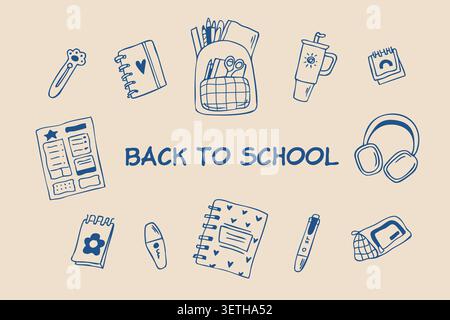 Back to school vector illustration with cute hand drawn educational supplies and stationery doodles Stock Vector