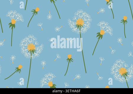 seamless pattern with dandelion flowers and flying seeds on blue, elegant floral pattern perfect for fabric, wallpaper, wrapping paper, textile design Stock Vector