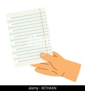 hand holding blank torn notebook paper with blue lines, cute sketch style notepad sheet for school and stationery design -vector illustration Stock Vector