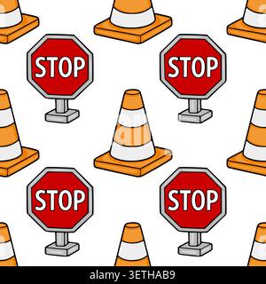 Seamless vector pattern of orange traffic cones and red stop signs on a white background Stock Vector