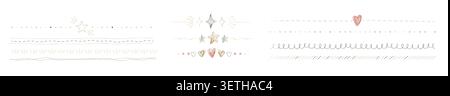 Set of soft hand drawn decorative border lines with stars and hearts on a white background. Minimal pastel divider elements for cards, invitations Stock Vector
