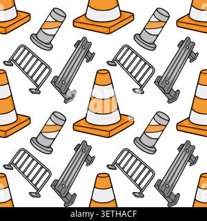 Seamless vector pattern of orange and white traffic cones and grey metal barriers on a white background Stock Vector