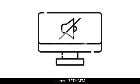 Desktop computer mute icon: PC workstation displaying speaker sound off symbol on screen, minimalist black line art vector illustration for audio cont Stock Vector