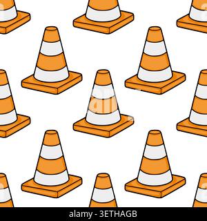 Seamless vector pattern of orange traffic cones with white stripes on a white background Stock Vector