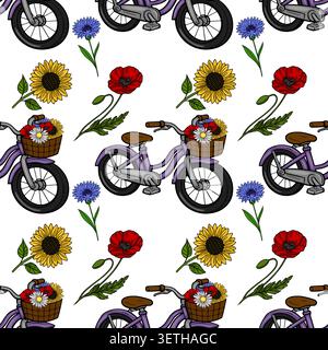 Charming vector seamless pattern of purple bicycles with flower baskets, sunflowers, poppies, daisies, and cornflowers on a white background. Stock Vector