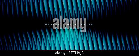 Abstract wide banner with layered ribbed strips in black and blue tones, creating a modern flowing gradient effect with curved lines glossy texture Stock Vector