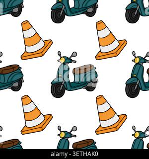 Seamless vector pattern of vintage teal scooters and orange traffic cones Stock Vector