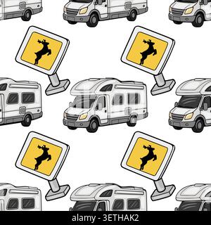 Seamless vector pattern of white camper vans and yellow deer crossing road signs Stock Vector