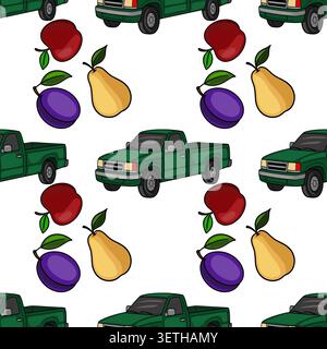 Seamless vector pattern with green pickup trucks and colorful fruits, including red apples, yellow pears, and purple plums. Stock Vector