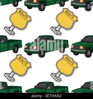 Seamless vector pattern of green pickup trucks and yellow route signs Stock Vector