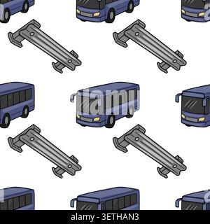 Seamless vector pattern of blue buses and their undercarriages on a white background Stock Vector