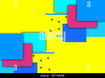 Composition of vibrant blue pink and cyan rectangles layered with drop shadows. Minimalist geometric pattern features small black dots and blue linear Stock Vector