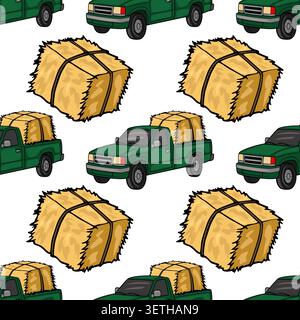 Seamless vector pattern of green pickup trucks transporting bales of hay Stock Vector