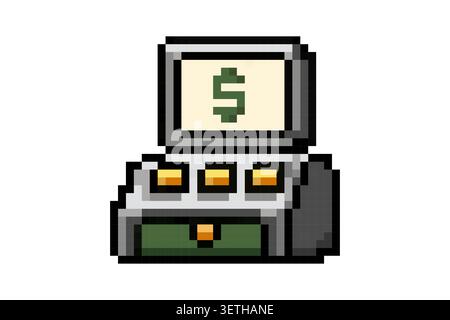 Pixel cash register icon with display screen and payment terminal in retro game style Stock Vector
