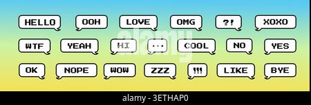 Retro game style text boxes. Pixel chat or speech balloon message. Different geometric set for dialog bubble or think cloud Stock Vector