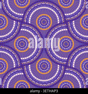 Bold seamless geometric pattern, concentric circles and fan motifs in purple, lavender and orange. Dashed lines in scallop shapes, seamless vector pat Stock Vector