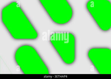 Minimalist graphic design features bright lime green rounded geometric capsules floating over light neutral surface with subtle drop shadows creating Stock Vector