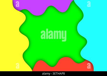 Playful abstract design featuring bright yellow, purple, blue, and red shapes surrounding a green area, great for kids content Stock Vector